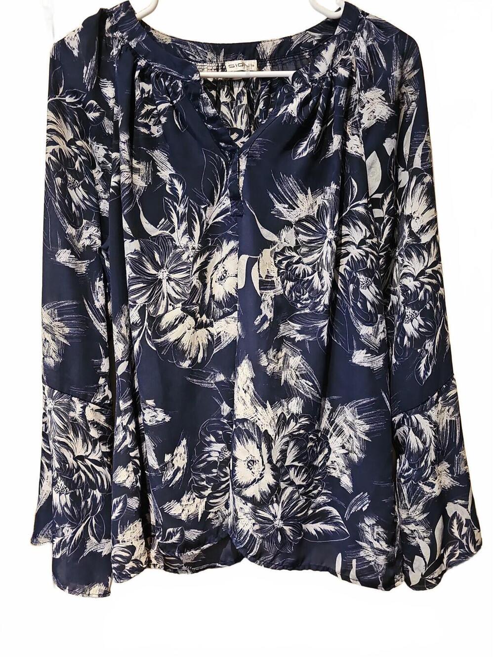 SIONI Women’s Navy & White Floral Flowy Top Bell Sleeves Size Large